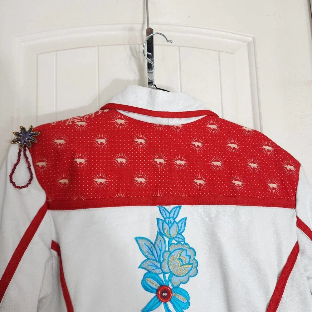 Sun Goddess Leather Jacket White Rhino Floral Applique South African Runway XL